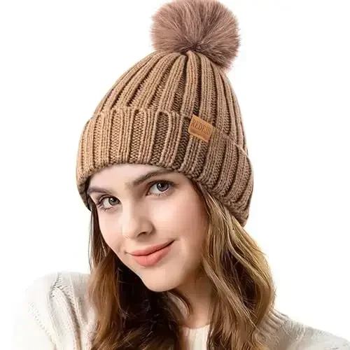 REDESS Womens Winter Knitted Beanie Hat Warm Fleece Lined with Pompom Cap Thick Slouchy Snow Knit Skull Ski Cap - REDESS