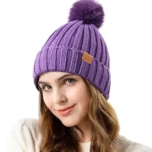 REDESS Womens Winter Knitted Beanie Hat Warm Fleece Lined with Pompom Cap Thick Slouchy Snow Knit Skull Ski Cap - REDESS