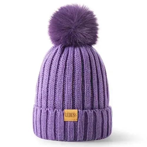 REDESS Womens Winter Knitted Beanie Hat Warm Fleece Lined with Pompom Cap Thick Slouchy Snow Knit Skull Ski Cap - REDESS (1)