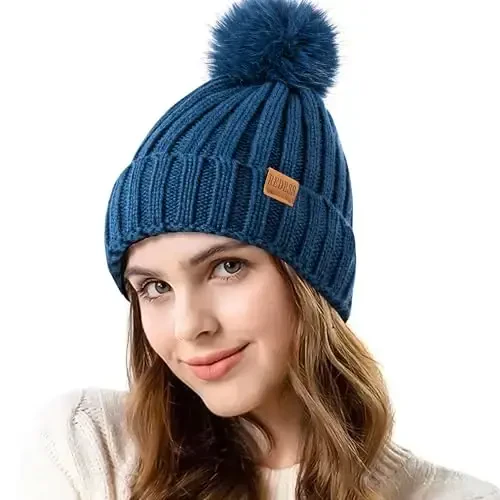REDESS Womens Winter Knitted Beanie Hat Warm Fleece Lined with Pompom Cap Thick Slouchy Snow Knit Skull Ski Cap - 1