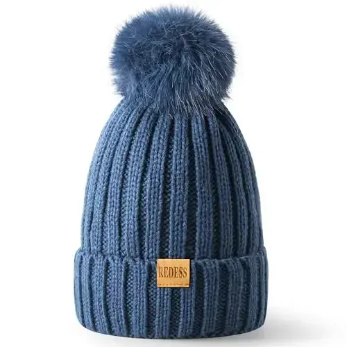 REDESS Womens Winter Knitted Beanie Hat Warm Fleece Lined with Pompom Cap Thick Slouchy Snow Knit Skull Ski Cap - 2