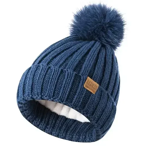 REDESS Womens Winter Knitted Beanie Hat Warm Fleece Lined with Pompom Cap Thick Slouchy Snow Knit Skull Ski Cap - 3