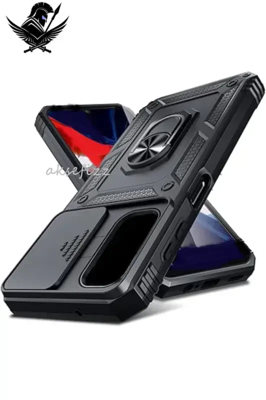 Redmi 10C COMPATIBLE Armored Sliding Stand Ring Case-BLACK - AKSEFİZZ
