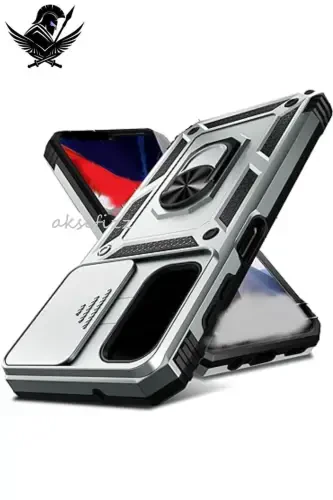 Redmi 10C COMPATIBLE Armored Sliding Stand Ring Case-SILVER - 1