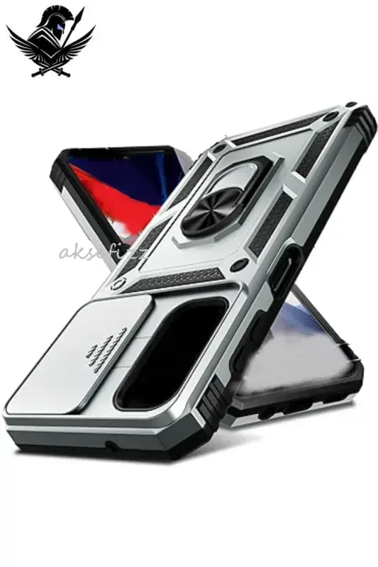 Redmi 10C COMPATIBLE Armored Sliding Stand Ring Case-SILVER - 1