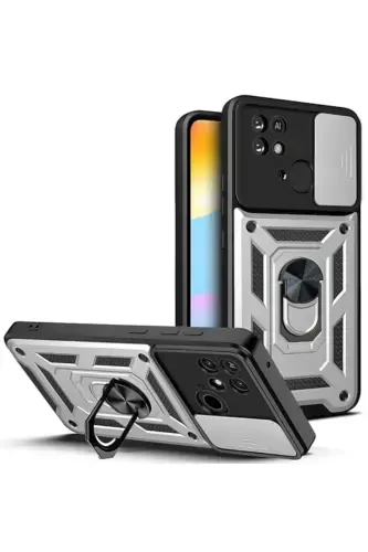 Redmi 10C COMPATIBLE Armored Sliding Stand Ring Case-SILVER - AKSEFİZZ (1)