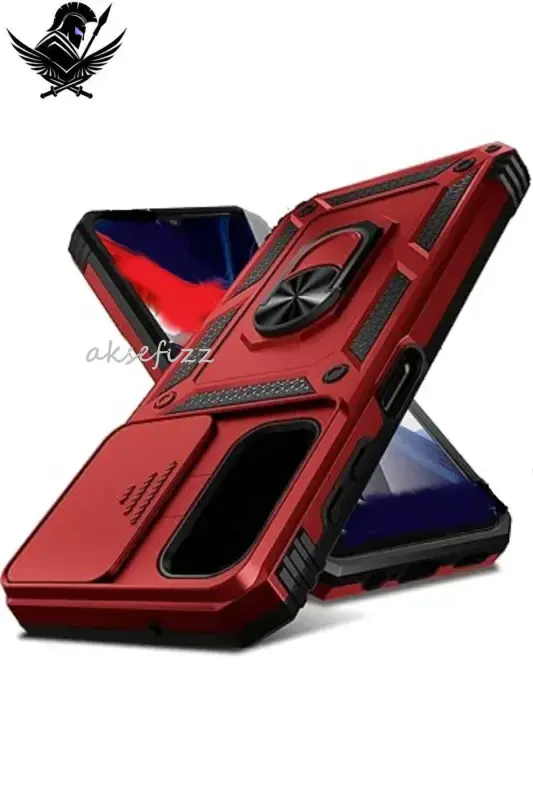 Redmi 10C СОВМЕСТИМЫЙ Бронированный Чехол с Кольцом-Подставкой и Сдвижной Задвижкой - КРАСНЫЙ - 1