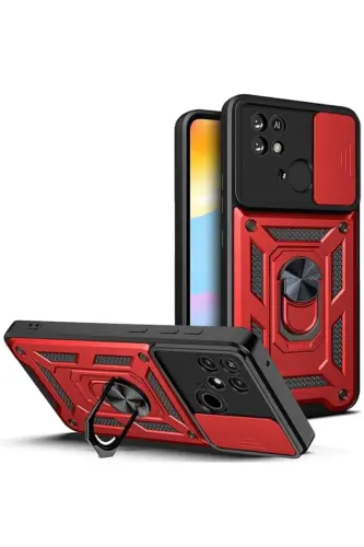 Redmi 10C UYUMLU Zırhlı Kaydırmalı Sürgülü Standlı Yüzüklü Kılıf - KIRMIZI - AKSEFİZZ (1)