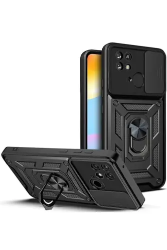 Redmi 10C UYUMLU Zırhlı Kaydırmalı Sürgülü Standlı Yüzüklü Kılıf - SİYAH - AKSEFİZZ (1)
