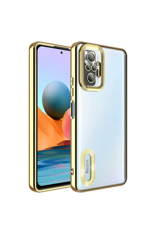 Redmi Note 10 Pro G'ilof Kamera Linzalari Himoyalangan Shaffof Rangli Logotipni Ko'rsatuvchi Yaltiroq Qopqoq-Gold - 1