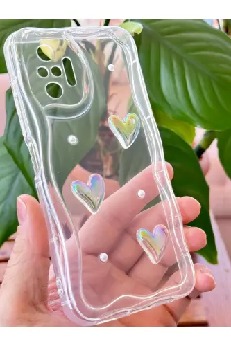Redmi Note 10 Pro Kılıf 3D Kalpli İnci Tasarımlı Desenli Kamera Korumalı Şeffaf Silikon Kapak - Desi Mina - 3