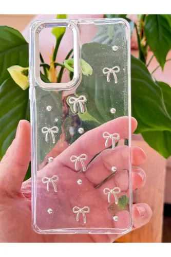 Redmi Note 10 Pro Kılıf Fiyonk Desenli Şeffaf Simli Gümüş Kamera Çıkıntılı Parlak Kapak-Lensli Fiyonk - 3