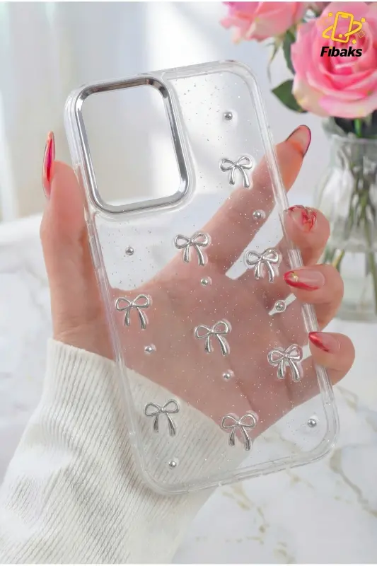 Redmi Note 10 Pro Kılıf Fiyonk Desenli Şeffaf Simli Gümüş Kamera Çıkıntılı Parlak Kapak-Lensli Fiyonk - 1