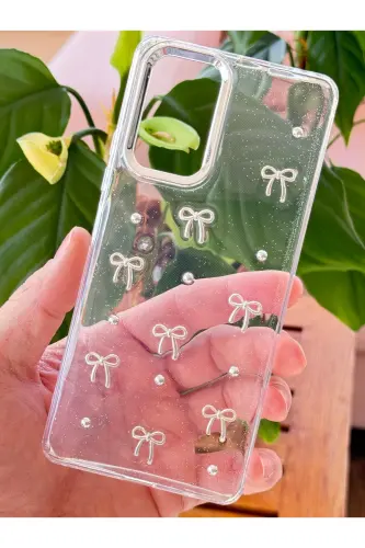 Redmi Note 10 Pro Kılıf Fiyonk Desenli Şeffaf Simli Gümüş Kamera Çıkıntılı Parlak Kapak-Lensli Fiyonk - 2