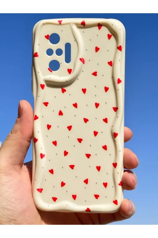 Redmi Note 10 Pro Kılıf Kamera Korumalı Dalga Kenarlı Kırmızı Kalp Desenli Silikon Kapak-Cici Kırmızı - 7