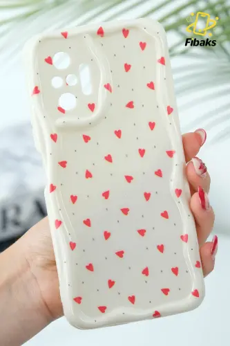 Redmi Note 10 Pro Kılıf Kamera Korumalı Dalga Kenarlı Kırmızı Kalp Desenli Silikon Kapak - Cici Kırmızı 