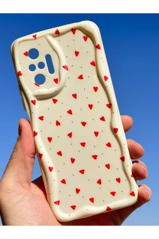Redmi Note 10 Pro Kılıf Kamera Korumalı Dalga Kenarlı Kırmızı Kalp Desenli Silikon Kapak - Cici Kırmızı - 6