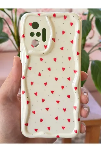 Redmi Note 10 Pro Kılıf Kamera Korumalı Dalga Kenarlı Kırmızı Kalp Desenli Silikon Kapak-Cici Kırmızı - 3