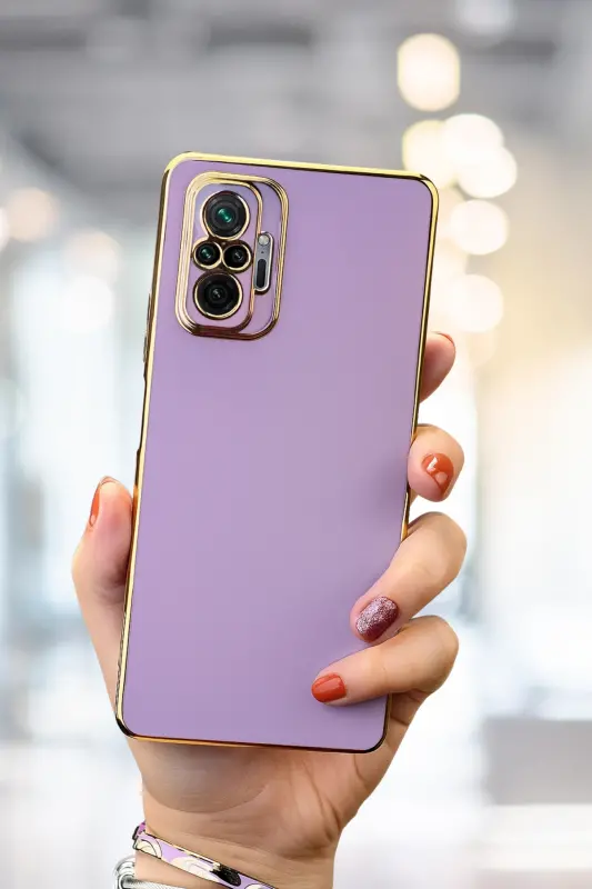 Redmi Note 10 Pro Kılıf Parlak Kenarlı Altın Işlemeli Kamera Korumalı Kapak-Gold Mor - 1