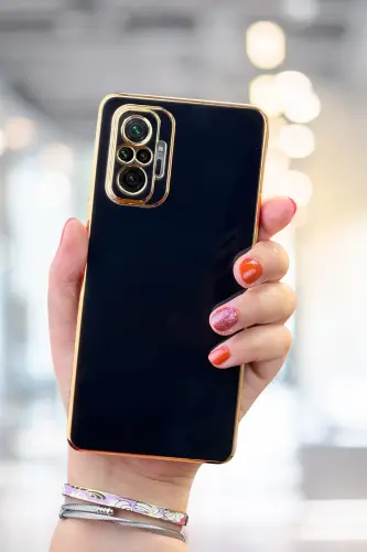 Redmi Note 10 Pro Kılıf Parlak Kenarlı Altın Işlemeli Kamera Korumalı Kapak Siyah-Gold Siyah 