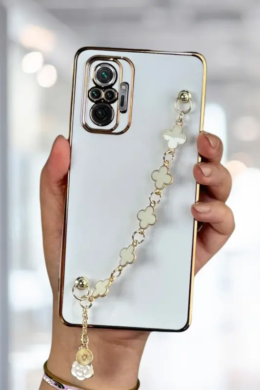 Redmi Note 10 Pro Kılıf Parlak Kenarlı Altın İşlemeli Tutamaçlı Kamera Korumalı Kapak-Gold Beyaz - 1