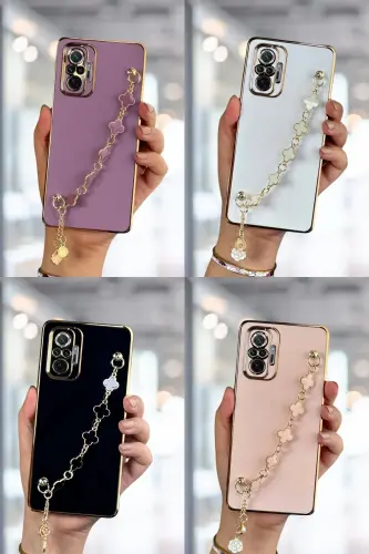 Redmi Note 10 Pro Kılıf Parlak Kenarlı Altın İşlemeli Tutamaçlı Kamera Korumalı Kapak-Gold Beyaz - FIBAKS (1)