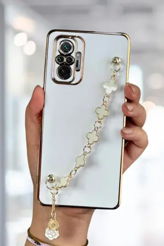 Redmi Note 10 Pro Kılıf Parlak Kenarlı Altın İşlemeli Tutamaçlı Kamera Korumalı Kapak-Gold Beyaz 