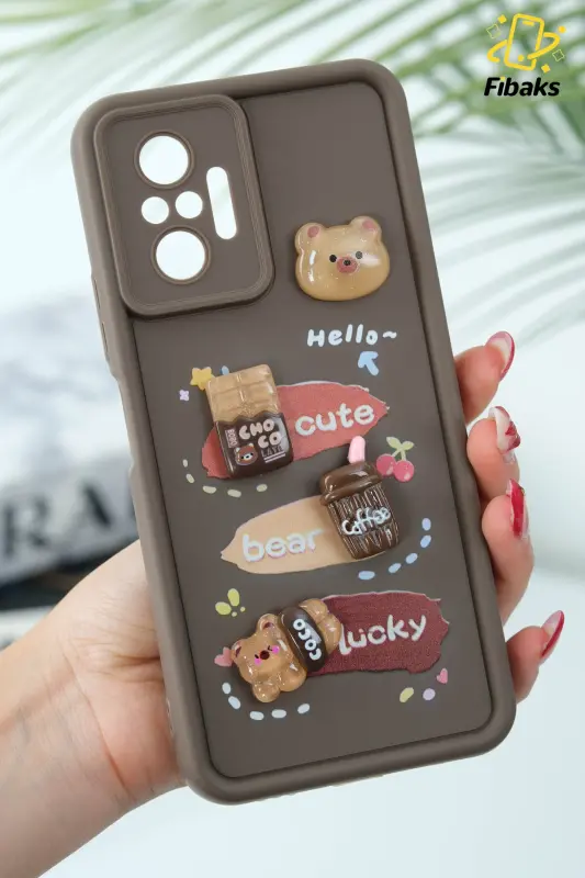 Redmi Note 10 Pro Kılıf Tasarımlı Desenli Kamera Korumalı Ayıcık Kahve Renkli Silikon Kapak - Cute Coco - FIBAKS