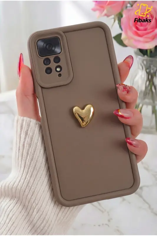 Redmi Note 11 Pro/12 Pro 4G Kılıf 3D Kalp Tasarımlı Kahverengi Desenli Kamera Korumalı Kapak - Kalp Kahve - 1