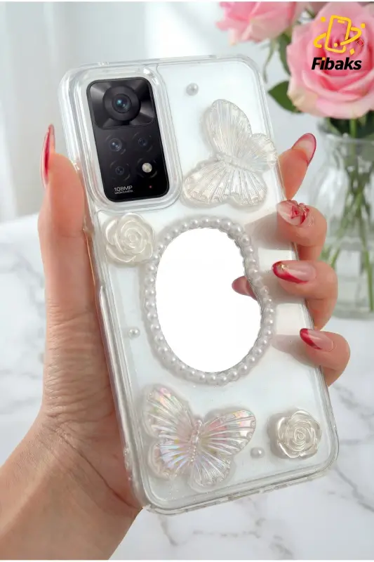 Redmi Note 11 Pro/12 Pro 4G Kılıf 3D Kelebek Gül Desenli Aynalı Simli Şeffaf Tasarımlı Silikon Kapak - Kelebek Ayna - 2