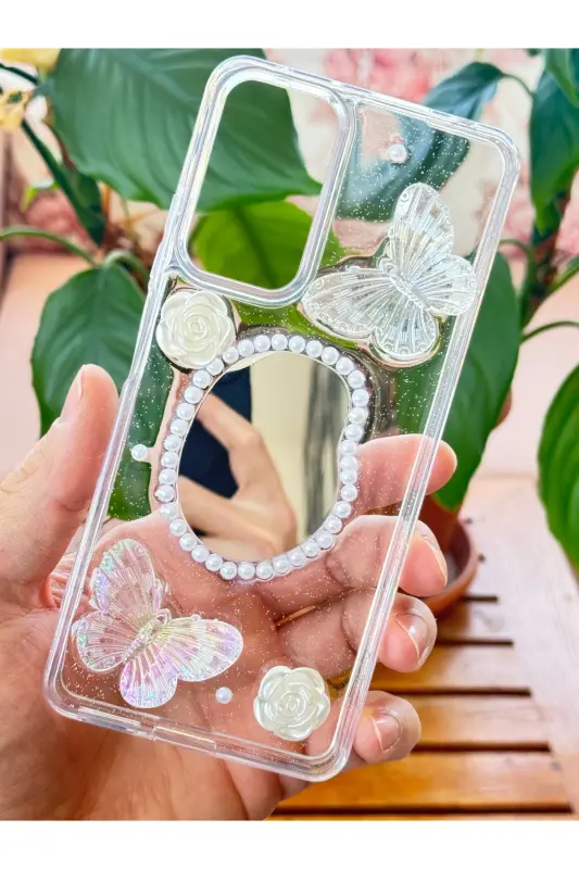 Redmi Note 11 Pro/12 Pro 4G Kılıf 3D Kelebek Gül Desenli Aynalı Simli Şeffaf Tasarımlı Silikon Kapak - Kelebek Ayna - 3