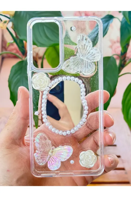 Redmi Note 11 Pro/12 Pro 4G Kılıf 3D Kelebek Gül Desenli Aynalı Simli Şeffaf Tasarımlı Silikon Kapak - Kelebek Ayna - 4