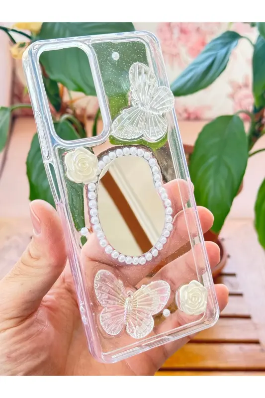 Redmi Note 11 Pro/12 Pro 4G Kılıf 3D Kelebek Gül Desenli Aynalı Simli Şeffaf Tasarımlı Silikon Kapak - Kelebek Ayna - 6