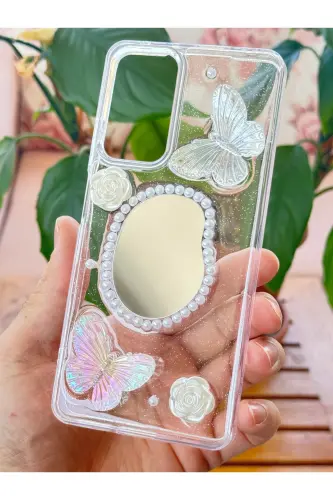 Redmi Note 11 Pro/12 Pro 4G Kılıf 3D Kelebek Gül Desenli Aynalı Simli Şeffaf Tasarımlı Silikon Kapak - Kelebek Ayna - 7