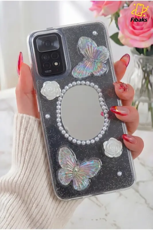 Redmi Note 11 Pro/12 Pro 4G Kılıf 3D Kelebek Gül Desenli Aynalı Simli Şeffaf Tasarımlı Silikon Kapak-Kelebek Ayna - 1
