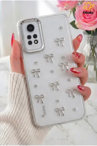 Redmi Note 11 Pro/12 Pro 4G Kılıf Fiyonk Desenli Şeffaf Simli Gümüş Kamera Çıkıntılı Parlak Kapak-Lensli Fiyonk 