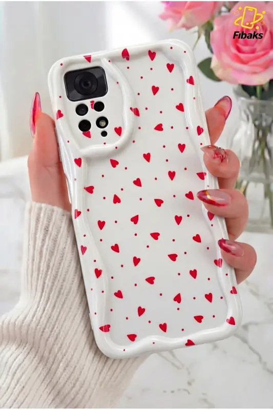 Redmi Note 11 Pro/12 Pro 4G Kılıf Kamera Korumalı Dalga Kenarlı Kırmızı Kalp Desenli Silikon Kapak - Cici Kırmızı - 1