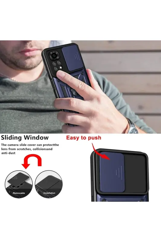 Redmi Note 11 Pro/12 Pro 4G Kılıf Kamera Korumalı Sürgülü Yüzüklü Armor Military Tank-Raptor Lacivert - 4