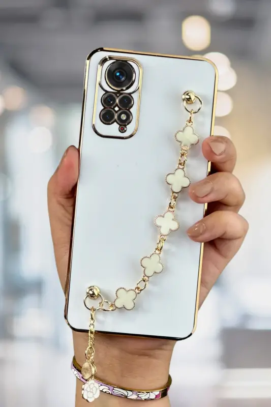 Redmi Note 11 Pro/12 Pro 4G Kılıf Parlak Kenarlı Altın İşlemeli Tutamaçlı Kamera Korumalı Beyaz-Taka Beyaz - FIBAKS