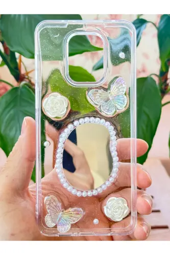 Redmi Note 9 Pro/9S Kılıf 3D Kelebek Gül Desenli Aynalı Simli Şeffaf Tasarımlı Silikon Kapak - Kelebek Ayna - 3