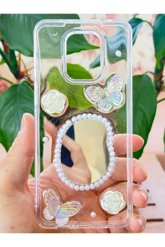 Redmi Note 9 Pro/9S Kılıf 3D Kelebek Gül Desenli Aynalı Simli Şeffaf Tasarımlı Silikon Kapak - Kelebek Ayna - 3