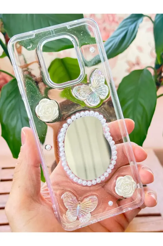 Redmi Note 9 Pro/9S Kılıf 3D Kelebek Gül Desenli Aynalı Simli Şeffaf Tasarımlı Silikon Kapak - Kelebek Ayna - 5
