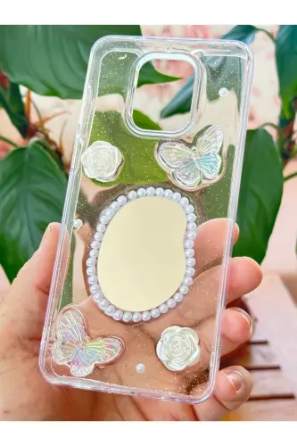 Redmi Note 9 Pro/9S Kılıf 3D Kelebek Gül Desenli Aynalı Simli Şeffaf Tasarımlı Silikon Kapak - Kelebek Ayna - 6
