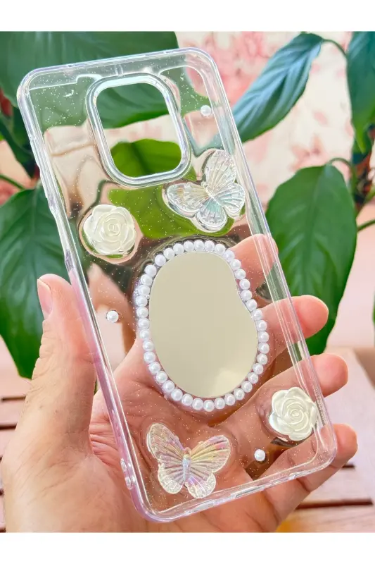 Redmi Note 9 Pro/9S Kılıf 3D Kelebek Gül Desenli Aynalı Simli Şeffaf Tasarımlı Silikon Kapak - Kelebek Ayna - 7