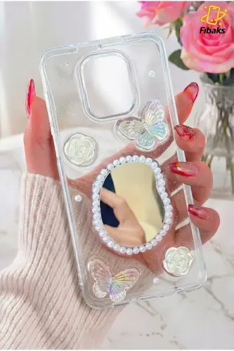Redmi Note 9 Pro/9S Kılıf 3D Kelebek Gül Desenli Aynalı Simli Şeffaf Tasarımlı Silikon Kapak - Kelebek Ayna - 9