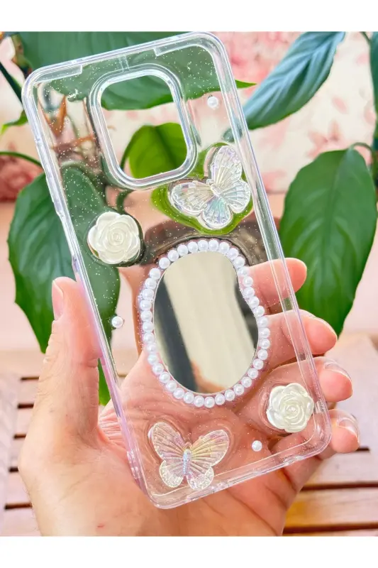 Redmi Note 9 Pro/9S Kılıf 3D Kelebek Gül Desenli Aynalı Simli Şeffaf Tasarımlı Silikon Kapak-Kelebek Ayna - 4