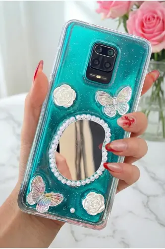 Redmi Note 9 Pro/9S Kılıf 3D Kelebek Gül Desenli Aynalı Simli Şeffaf Tasarımlı Silikon Kapak - Kelebek Ayna 