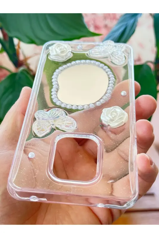 Redmi Note 9 Pro/9S Kılıf 3D Kelebek Gül Desenli Aynalı Simli Şeffaf Tasarımlı Silikon Kapak-Kelebek Ayna - 8