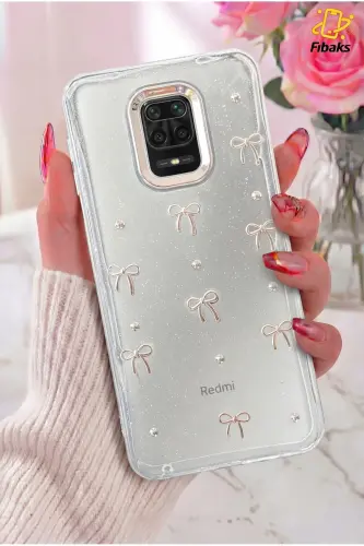 Redmi Note 9 Pro/9S Kılıf Fiyonk Desenli Şeffaf Simli Gümüş Kamera Çıkıntılı Parlak Kapak - Lensli Fiyonk 