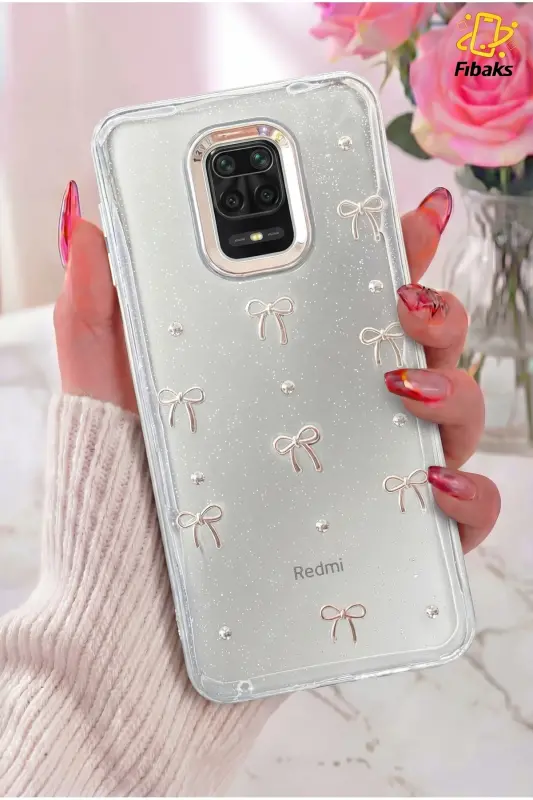Redmi Note 9 Pro/9S Kılıf Fiyonk Desenli Şeffaf Simli Gümüş Kamera Çıkıntılı Parlak Kapak - Lensli Fiyonk - 1